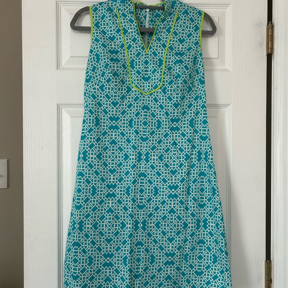 Vince Camuto Teal and White Patterned Dress